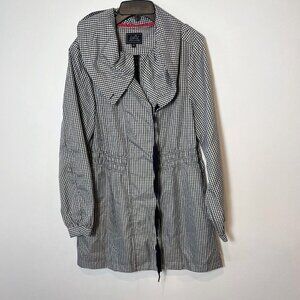 Ubu Womens Checkered Hooded Trench Coat Jacket Black M Full Zip Pockets UBU201